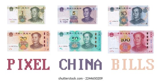 Vector set of China pixel mosaic fiat money. Banknotes in denominations from 1 to 100 yuan.