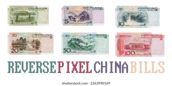 Vector set of China pixel mosaic fiat money. Reverse side banknotes in denominations from 1 to 100 yuan.