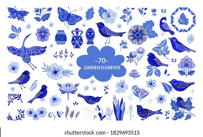 Vector set of Chinese Asian decorative elements, bird crane, birds, flowers, plants, insects. Blue clipart set 