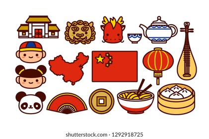 Vector Set Of Chinese Cartoon Icons Isolated
