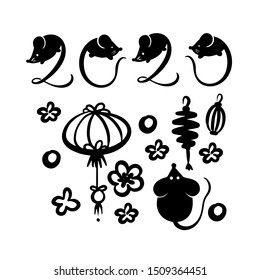 Vector set of chinese decorative elements and silgouettes of mice, and 2020 drawn with mouse on each number illustration for Christmas and new year design, symbol of 2020 in Chinese calendar 