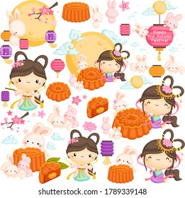 A Vector Set of The Chinese Goddess and Mooncake with some Rabbits under the Moonlight