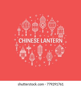Vector set of chinese lantern made in circle. Chinese new year. Flat and line emblems isolated on white background.