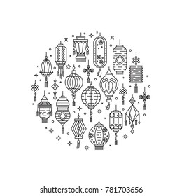 Vector set of chinese lantern made in circle. Chinese new year. Flat and line emblems isolated on white background.