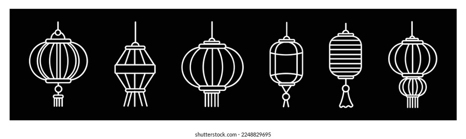 Juego de vectores de linternas chinas, lámpara de icono japonesa, linternas colgantes de decoración asiática tradicional. para diseño sobre fondo negro.
