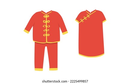 Vector set of Chinese New Year clothes clipart. Cute Chinese red traditional clothes flat vector illustration cartoon. Design elements. Asian Happy Lunar New Year concept