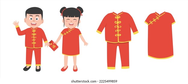 Vector set of Chinese New Year clothes clipart. Cute Chinese boy and girl in red traditional clothes flat vector illustration cartoon. Red envelope text means "Good Luck". Asian Lunar New Year concept