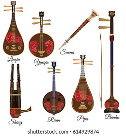 Vector set of chinese string and wind musical instruments with peony flowers in flat style. Pipa, ruan, suona, banhu, sheng, liuqin and yueqin icons isolated on white background.