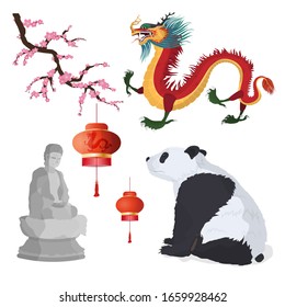 Vector set of Chinese symbols. Panda, red paper lantern, Buddha statue, red Chinese dragon, sakura. Design element for Chinese and Asian themes.