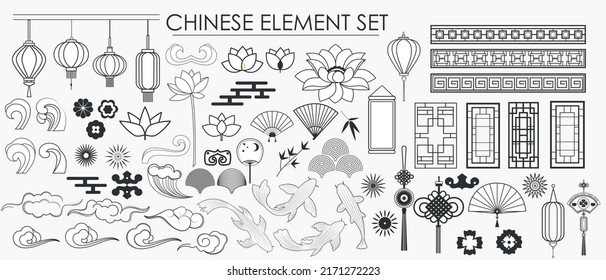 Vector set of Chinese traditional culture elements. Elements of decor, ornament, art of China. Line art style.