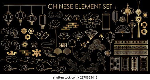 Vektorset chinesischer traditioneller Elemente. Dekorelemente, Ziergegenstände, chinesische Kultur in goldener Farbe. Line Art Stil.