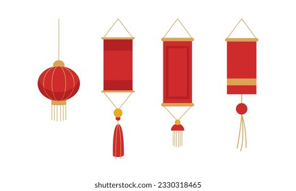 Vector set of chinese traditional lucky knot tassel hanging mascot decoration with gold and jade disks.