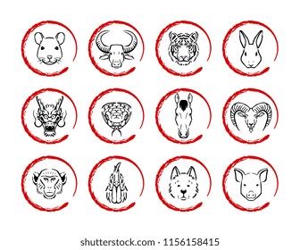 Vector Set Of Chinese Zodiac Icons Isolated On White Background