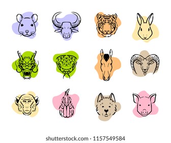 Vector Set Of Chinese Zodiac Icons Isolated On White Background