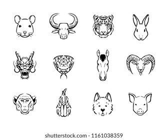 Vector Set Of Chinese Zodiac Icons Isolated On White Background