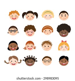 Vector Set With Chlidren Smiling Faces. Boys And Girls With Different Color Skin, Hairstyles, Braces And Glasses.