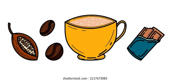 Vector set of chocolate bar, cocoa beans, coffee, yellow mug with a hot drink. Delicious breakfast, snack. Isolated white background