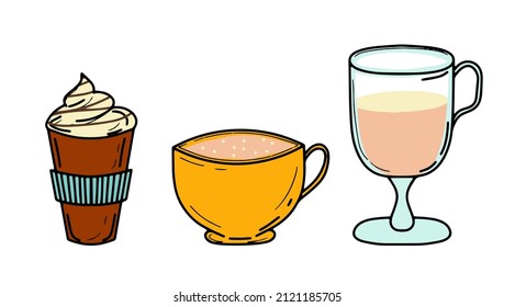 Vector set of chocolate bar, cocoa beans, coffee, yellow mug with a hot drink. Delicious breakfast, snack. Isolated white background