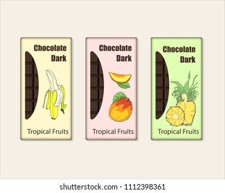 Vector Set Of Chocolate Bar Package. Packaging design with tropical fruits. Vector illustration