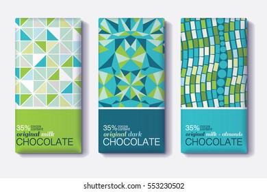 Conjunto vetorial de projetos de pacote de barras de chocolate com padrões geométricos de mosaico. Coleção de modelos de embalagem editável.