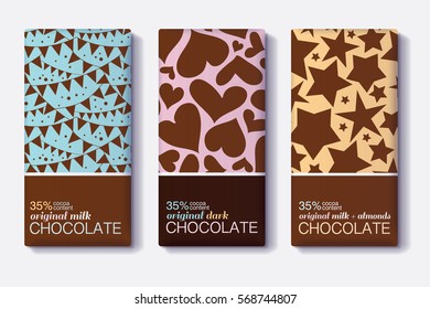 Vector Set Of Chocolate Bar Package Designs With Flags, Heartsm Stars Patterns. Milk, Dark, Almond. Editable Packaging Template Collection.