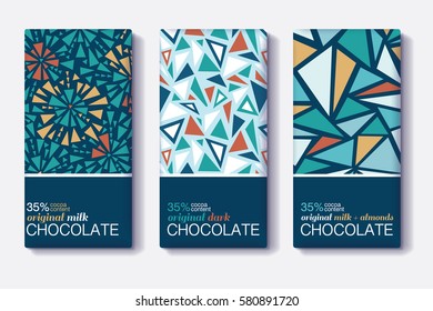 Vector Set Of Chocolate Bar Package Designs With Vintage Geometric Mosaic Patterns. Editable Packaging Template Collection.