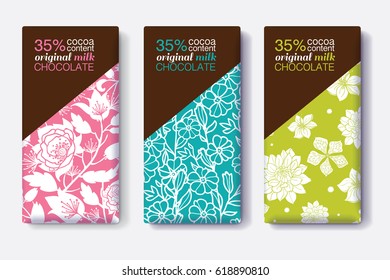 Vector Set Of Chocolate Bar Package Designs With Modern Floral Patterns. Editable Packaging Template Collection.
