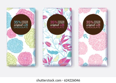 Vector Set Of Chocolate Bar Package Designs With Pink Blue Pastel Floral Patterns. Circle frame. Editable Packaging Template Collection.
