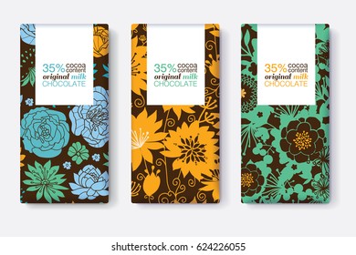 Vector Set Of Chocolate Bar Package Designs With Blue, Yellow, and Green Floral Patterns. Rectangle frame. Editable Packaging Template Collection.