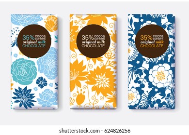 Vector Set Of Chocolate Bar Package Designs With Yellow Blue Pastel Floral Patterns. Circle frame. Editable Packaging Template Collection.