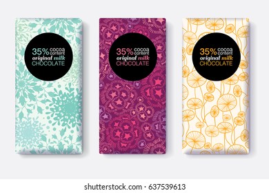 Vector Set Of Chocolate Bar Package Designs With Modern Pastel Floral Patterns. Circle frame. Editable Packaging Template Collection.