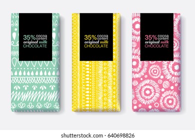 Vector Set Of Chocolate Bar Package Designs With Modern Vibrant Tribal Ikat Patterns. Rectangle frame. Editable Packaging Template Collection.