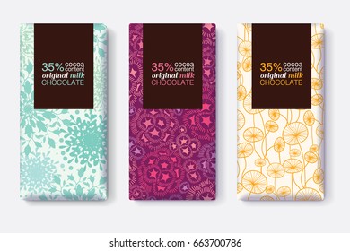 Vector Set Of Chocolate Bar Package Designs With Modern Pastel Floral Patterns. Rectangle frame. Editable Packaging Template Collection.