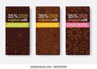 Vector Set Of Chocolate Bar Package Designs With Abstract Brown Geometric Patterns. Pastel Stripe Frame. Editable Packaging Template Collection.