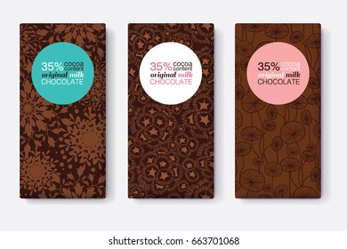 Vector Set Of Chocolate Bar Package Designs With Modern Brown Floral Patterns. Pastel Circle Frame. Editable Packaging Template Collection.