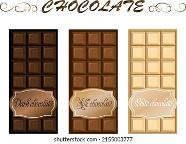 Conjunto vectorial de barras de chocolate.Barras de chocolate negro, leche y blanco en un vector sobre un fondo transparente.