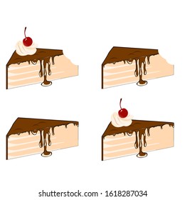 Vector set of chocolate cake slices with cream and cherry