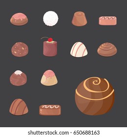 vector set of chocolate candies. cartoon illustartion on dark background