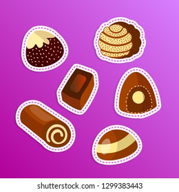 Vector set of chocolate candies isolated on white background for food, birthday and holidays illustrations. Sweet candy dessert assortment of dark and milk chocolate, chocolate candy collection