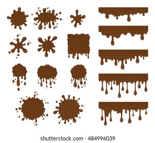 Vector set of chocolate drops and blots. Collection of brown splashes liquid and blobs. Abstract vector shapes isolated on white background.