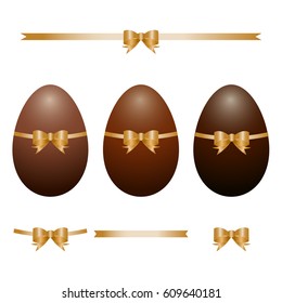 Vector set of  chocolate easter eggs with ribbons and bows isolated on white background. 