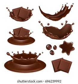 Vector set of chocolate form icons isolated on white background. Tasty pieces of chocolate bar, molten chocolate, liquid chocolate splashes and drops.