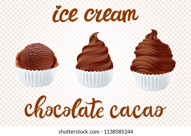 vector Set of chocolate ice cream with cacao of brown different shapes in a cup on transparent background lettering hand made text art