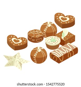 Vector with set of chocolate, isolated, festive candies in isometry, different shapes. Concept of congratulations, greetings. Postcards, invitations, posters, web design, printing products can used