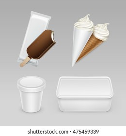 Vector set of Chocolate Popsicle Choc-ice Lollipop Soft Serve Ice Cream Waffle Cone with Plastic White Wrapper and Box Container for Package Design Mock up Close up Isolated on Background