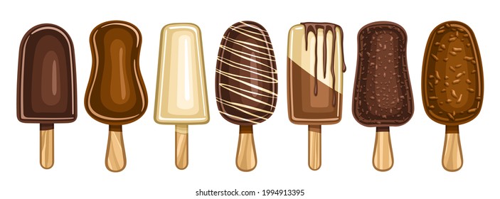 Vector set of Chocolate Popsicle, lot collection of seven isolated illustrations covered choco ice creams, banner with group of cartoon chocolate popsicles for kids with wood stick on white background