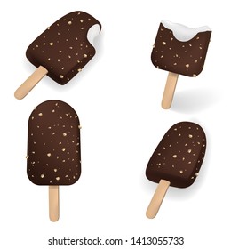 Vector set with chocolate popsicle with nuts on stick in different poze whole and bitten Isolated on white background