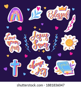 Vector set of Christian stickers isolated on blue background. Lettering. Cross, Bible, rainbow, sun, flower. Christian symbols.