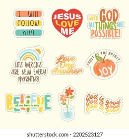 Vector set of Christian stickers. Typography, illustrations and symbols. Religious phrase and verses.