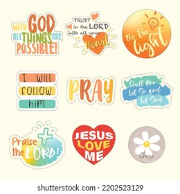 Vector set of Christian stickers. Typography, illustrations and symbols. Religious phrase and verses.